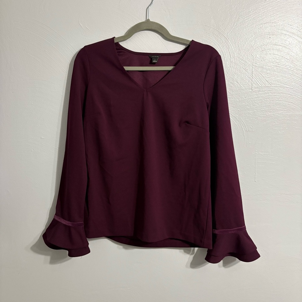 Ann Taylor Plum V-Neck Bell Sleeve Blouse